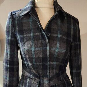 Gap Women's Size Small Wool Trench Coat Long Belted Grey Plaid